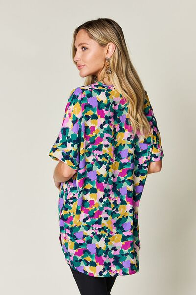Double Take Full Size Printed V-Neck Short Sleeve Side Slit Top 