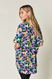 Double Take Full Size Printed V-Neck Short Sleeve Side Slit Top 