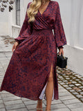 Devine Split Printed Surplice Long Sleeve Midi Dress 