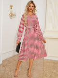 Tied Houndstooth Long Sleeve Midi Dress 