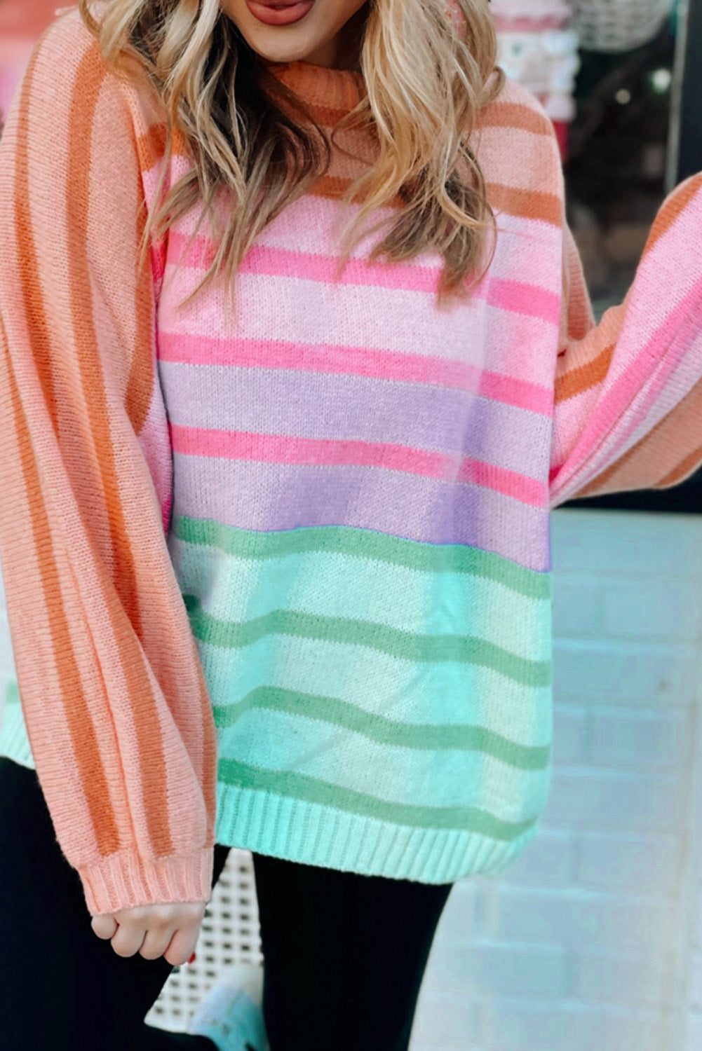 Yellow Stripe Gradient Striped Ribbed Edge Loose Sweater Sweaters & Cardigans/Sweaters