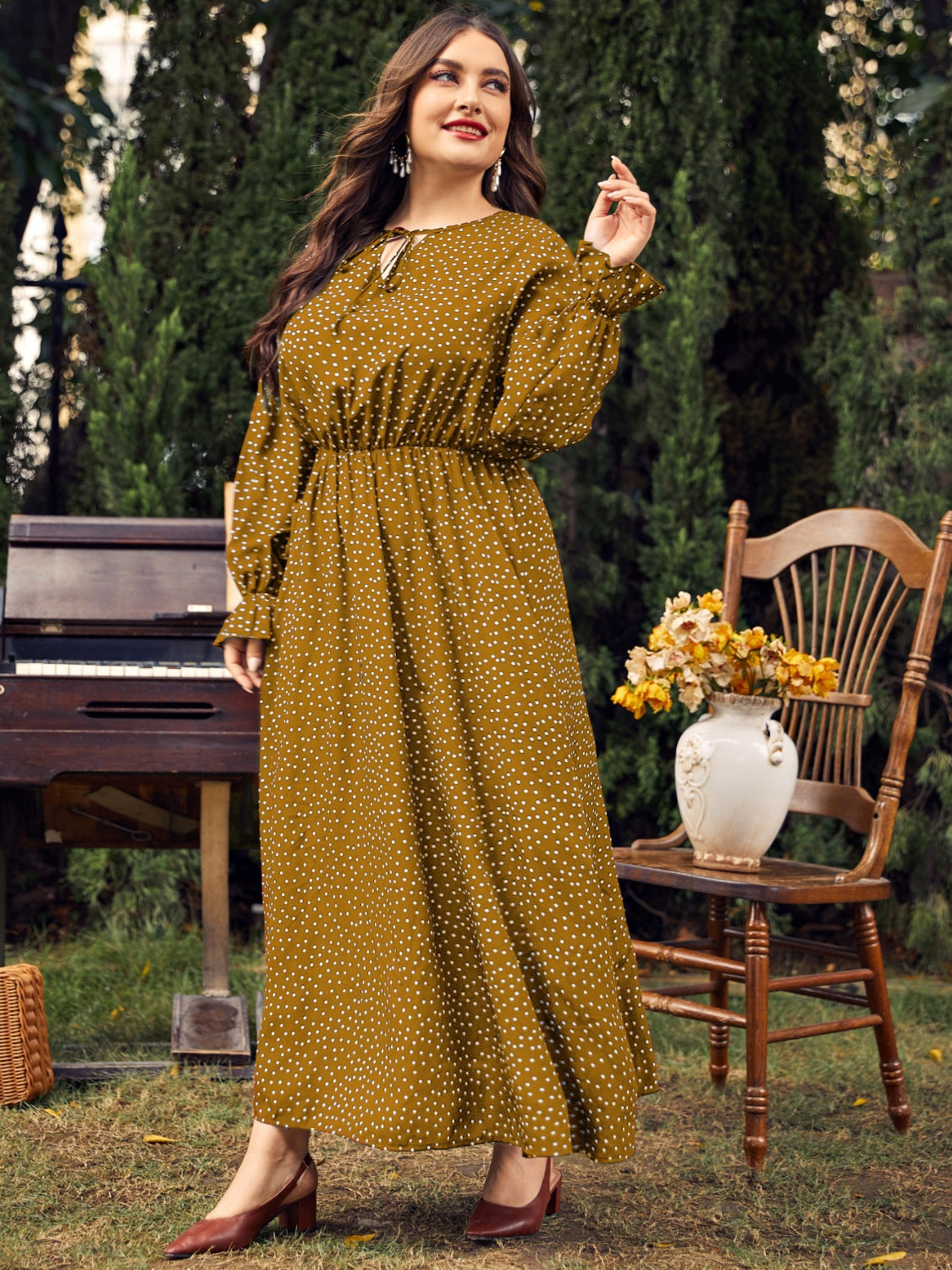 Honey Plus Size Ruffled Polka Dot Long Sleeve Midi Dress 