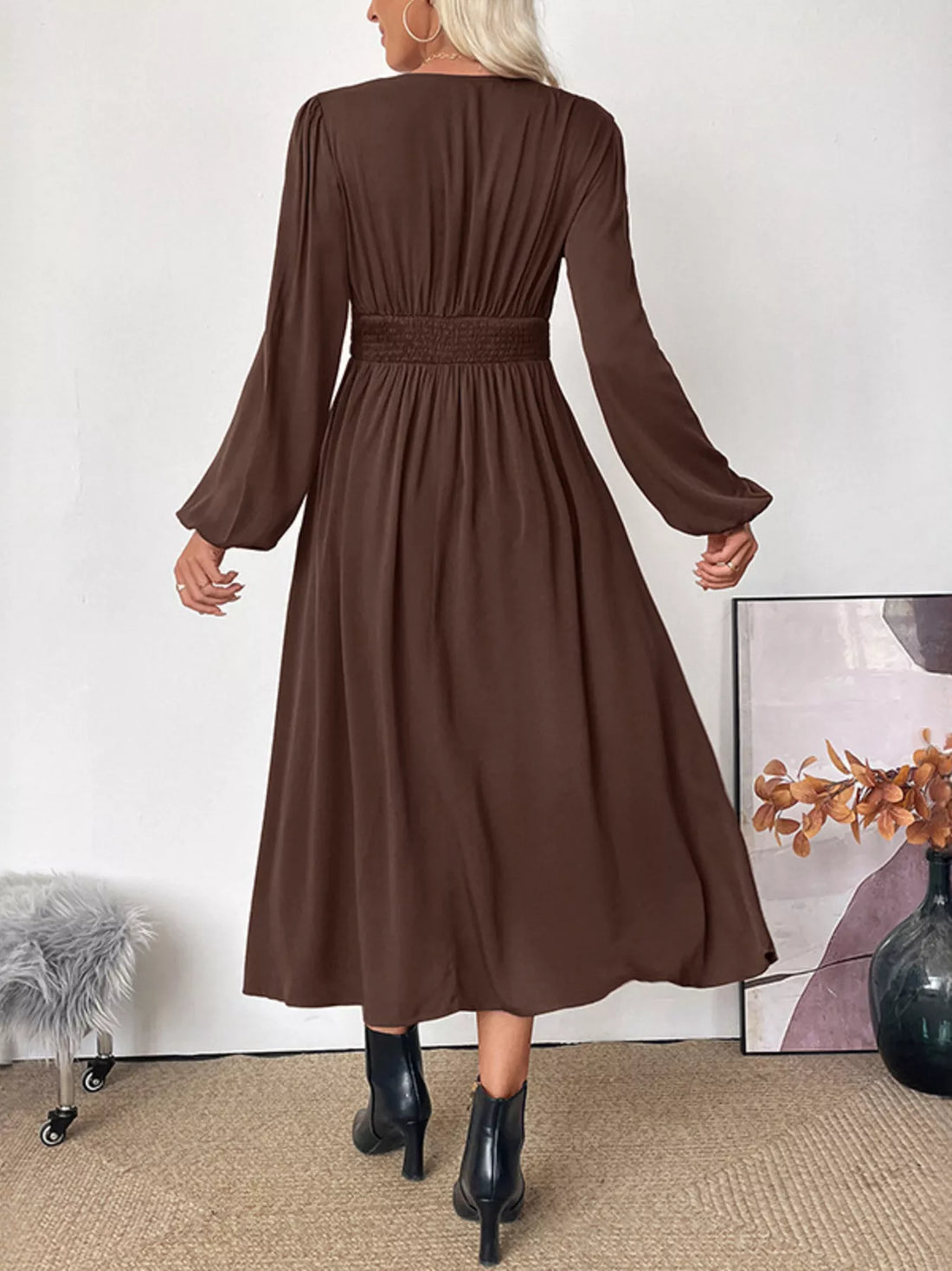 V-Neck Balloon Sleeve Midi Dress 