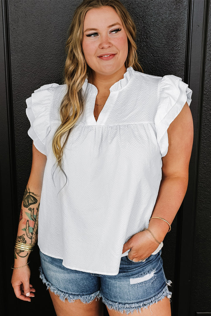 Plus Size Ruffled Notched Cap Sleeve Blouse 