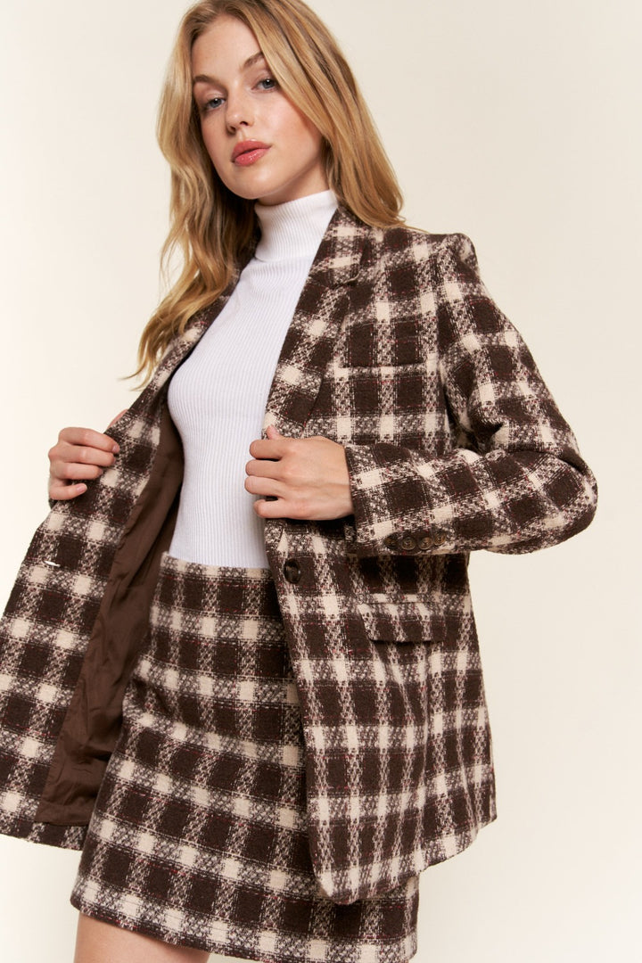 And The Why Full Size Plaid Brushed One Button Blazer 