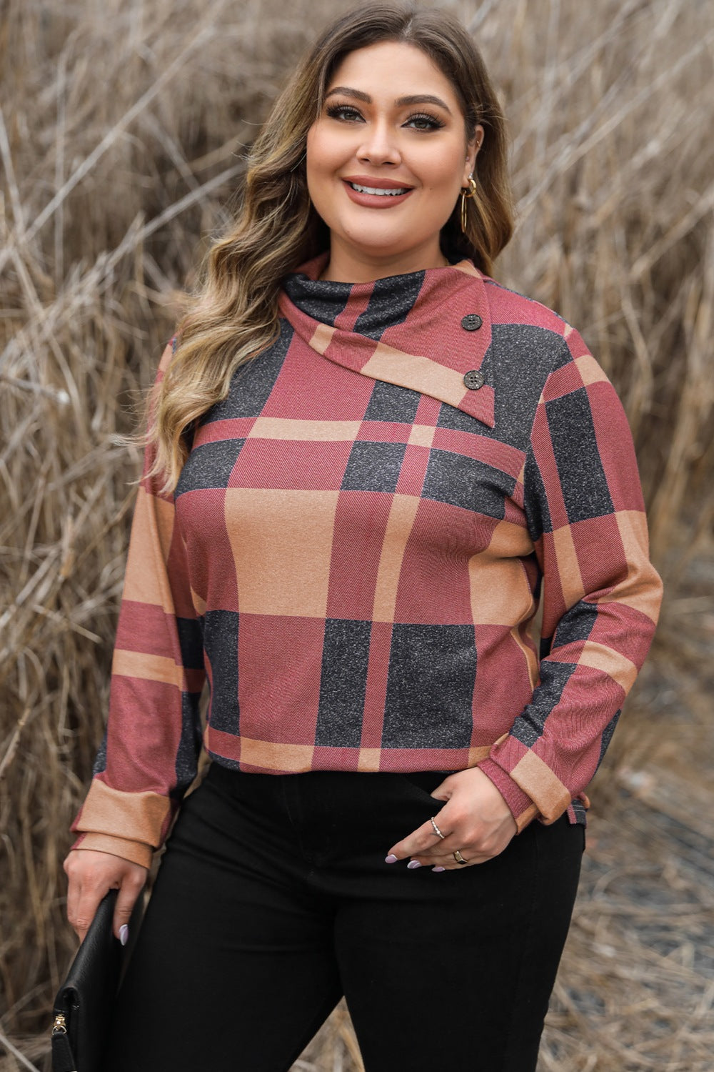 Plus Size Plaid Cowl Neck Long Sleeve Sweatshirt 