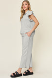 Double Take Texture Ruffle Short Sleeve Top and Drawstring Wide Leg Pants Set 