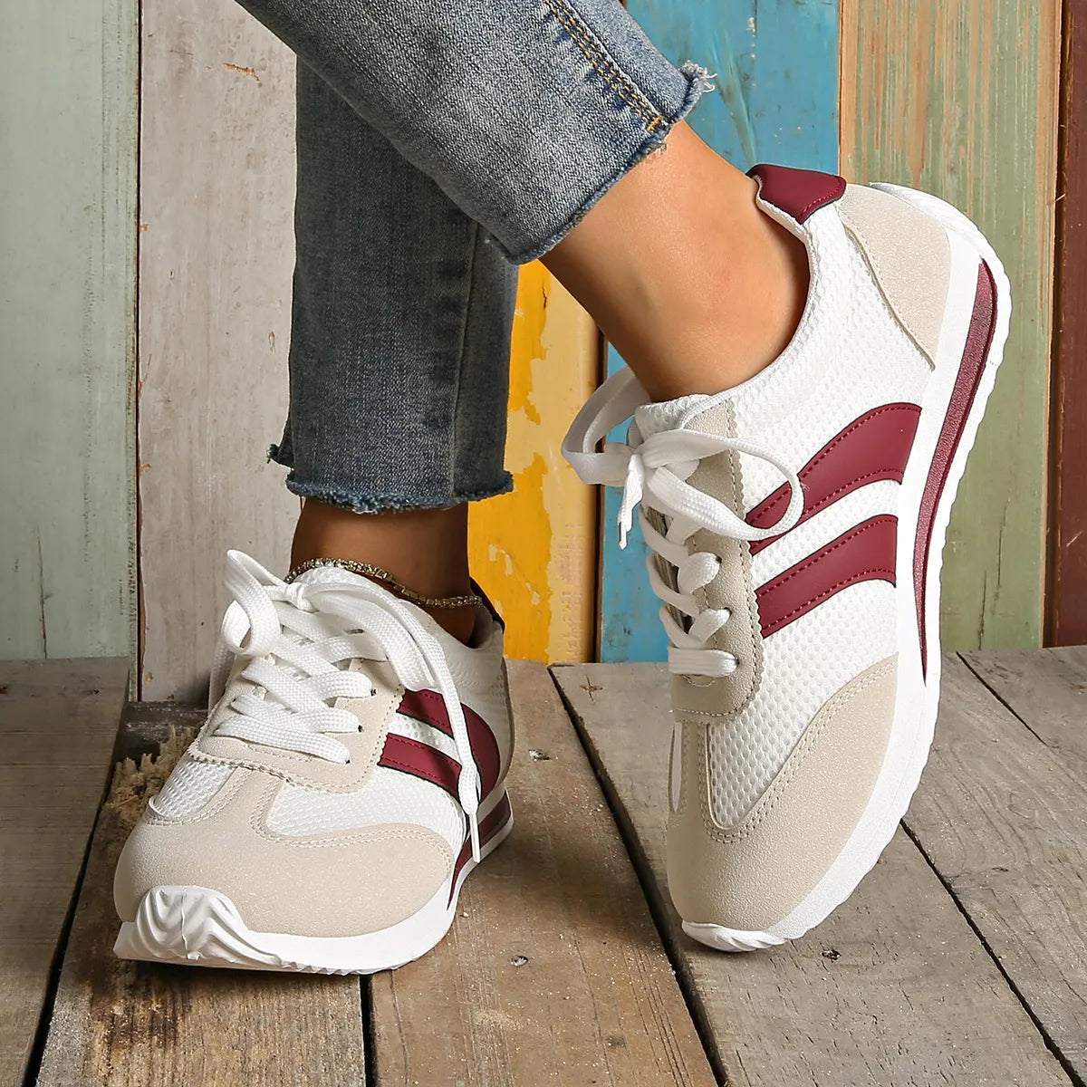 Striped Contrast Mesh Lace Up Sneakers 