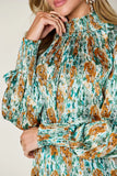 Double Take Full Size Printed Smocked Long Sleeve Blouse 