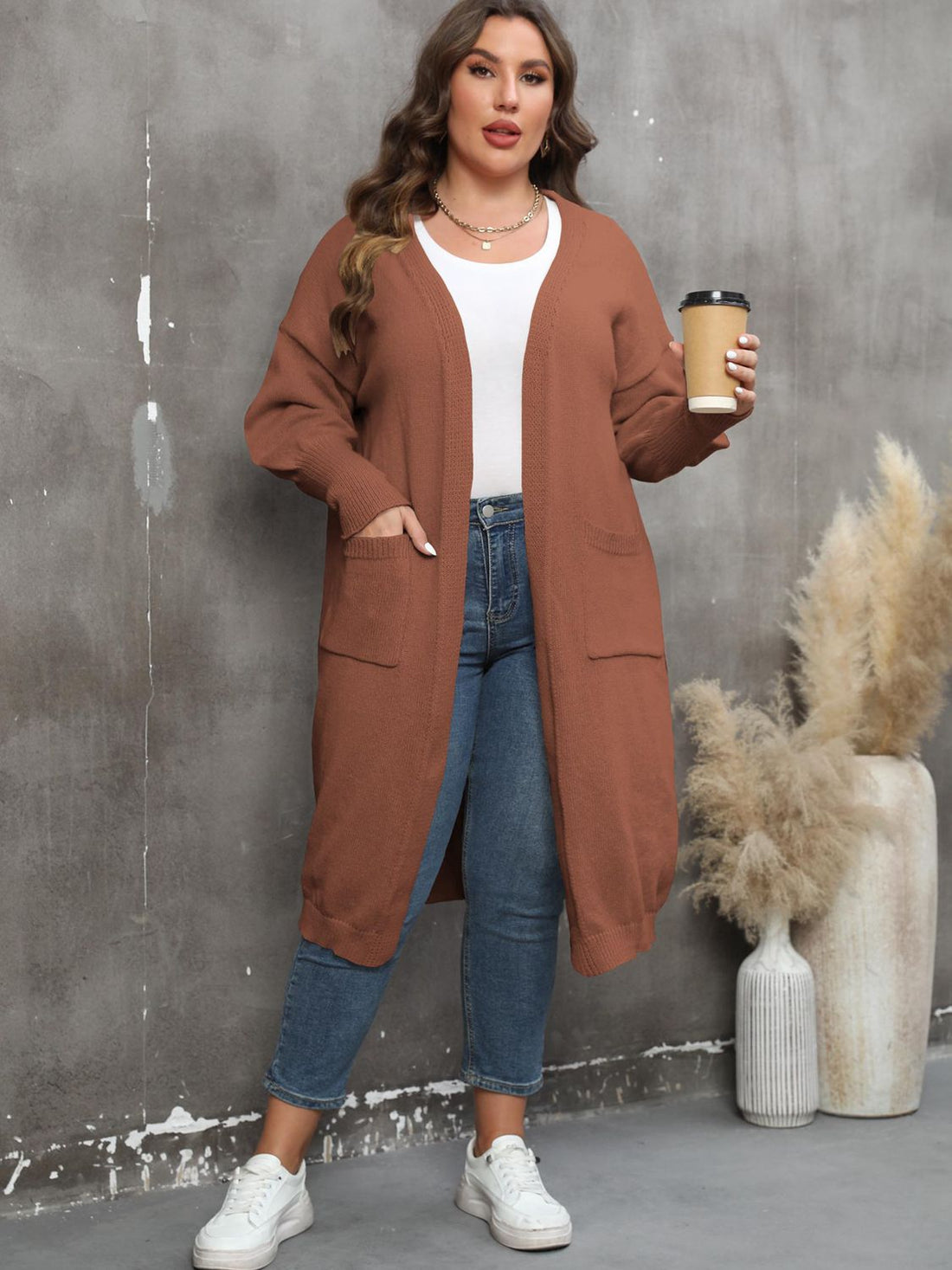 Plus Size Long Sleeve Pocketed Cardigan 