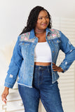 Baeful Leopard Floral Distressed Raw Hem Denim Jacket 