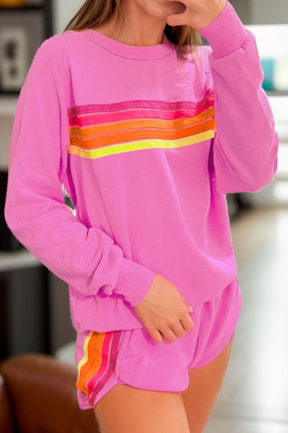 Full Size Contrast Striped Round Neck Top and Shorts Set 