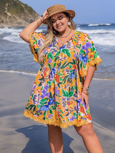 Plus Size Lace Detail Printed Tie Neck Half Sleeve Dress Dresses