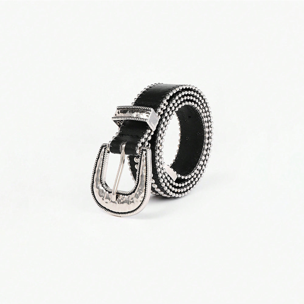 Studded Rhinestone PU Leather Belt 