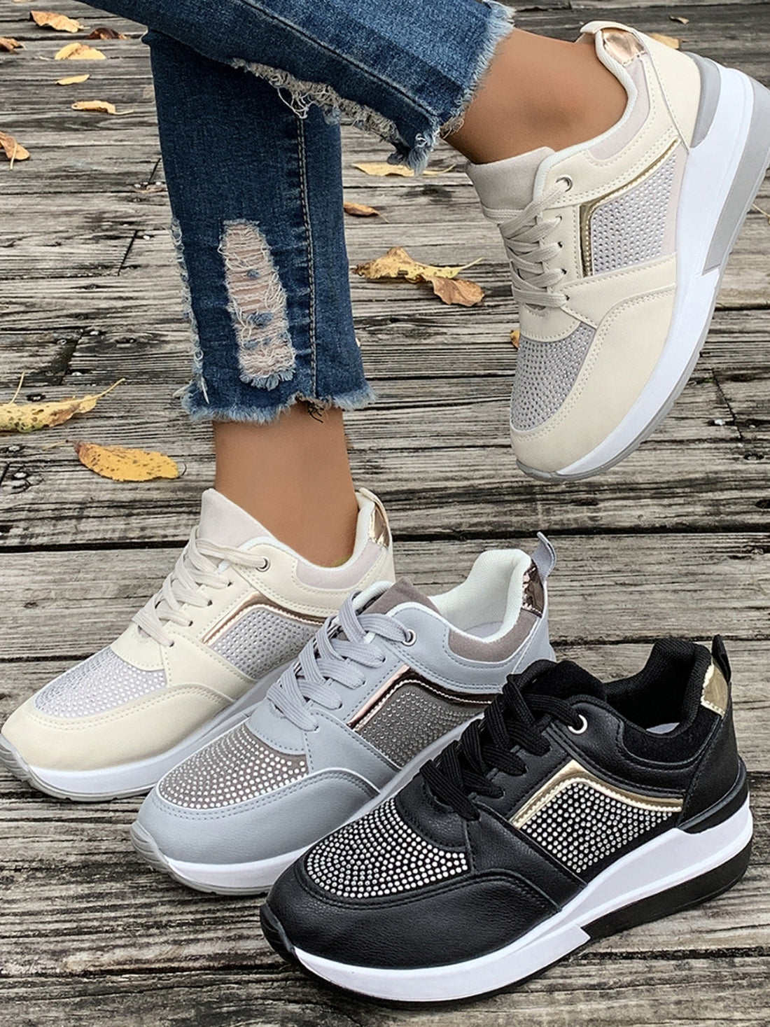 Lace-Up Rhinestone Wedge Sneakers 