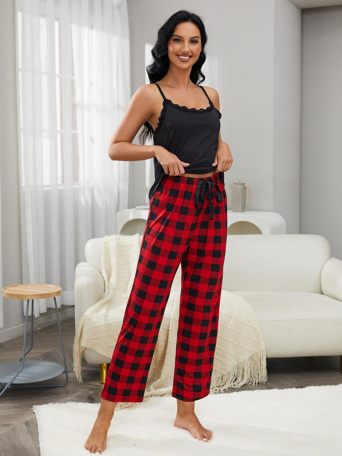 Lace Trim Cami and Plaid Pants Lounge Set Lingerie & Nightwear