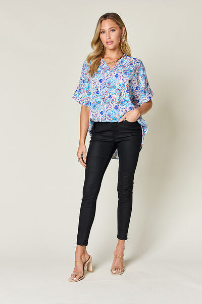 Double Take Full Size Printed V-Neck Short Sleeve Blouse 