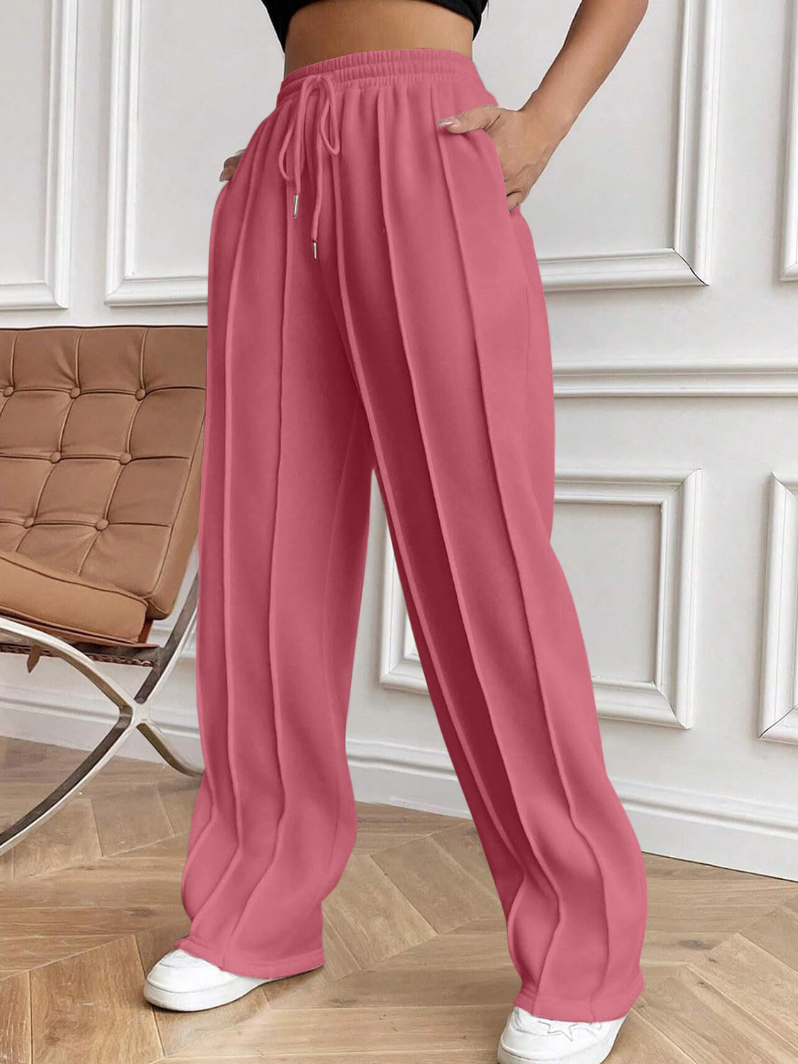 Drawstring Elastic Waist Pants with Pockets 
