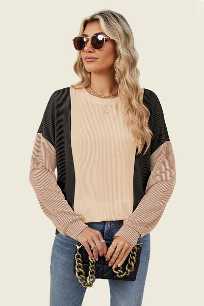 Double Take Texture Contrast Round Neck Long Sleeve T-Shirt 