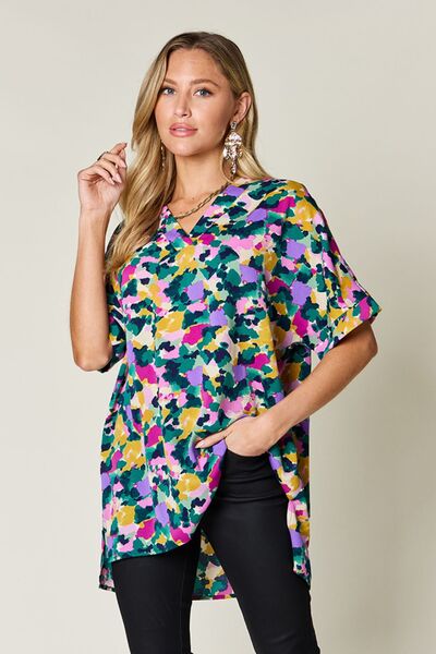 Double Take Full Size Printed V-Neck Short Sleeve Side Slit Top 