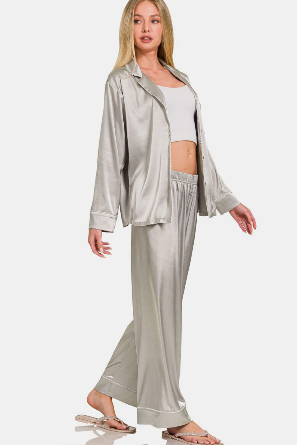 Zenana Satin Long Sleeve Shirt and Pants Pajama Set 
