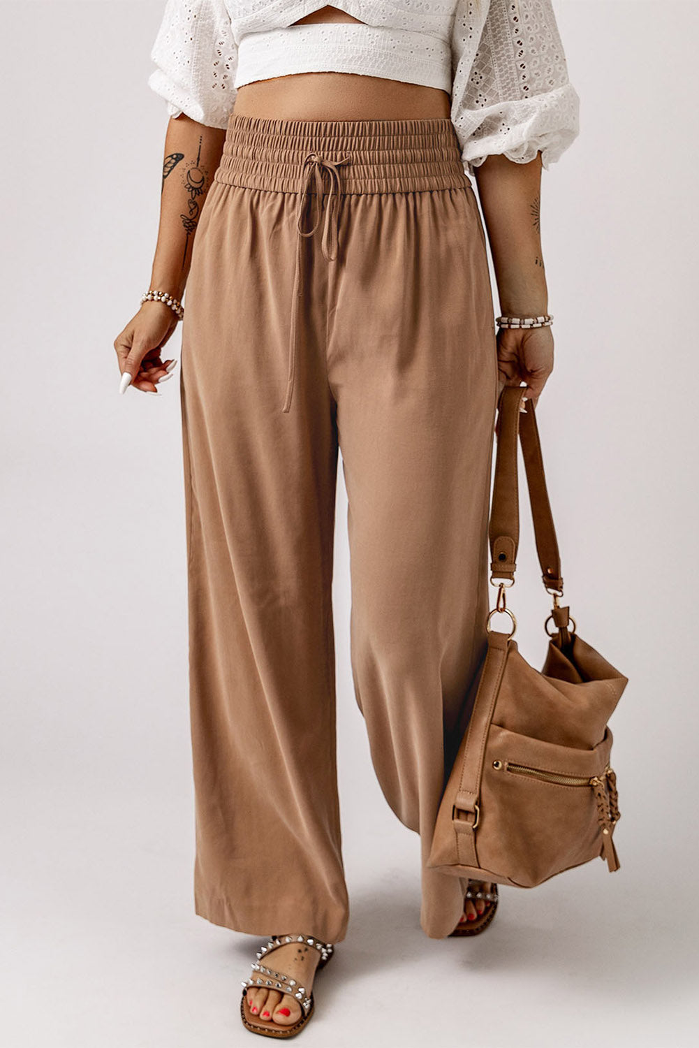 Brown Drawstring Elastic Waist Casual Wide Leg Pants Bottoms/Pants & Culotte