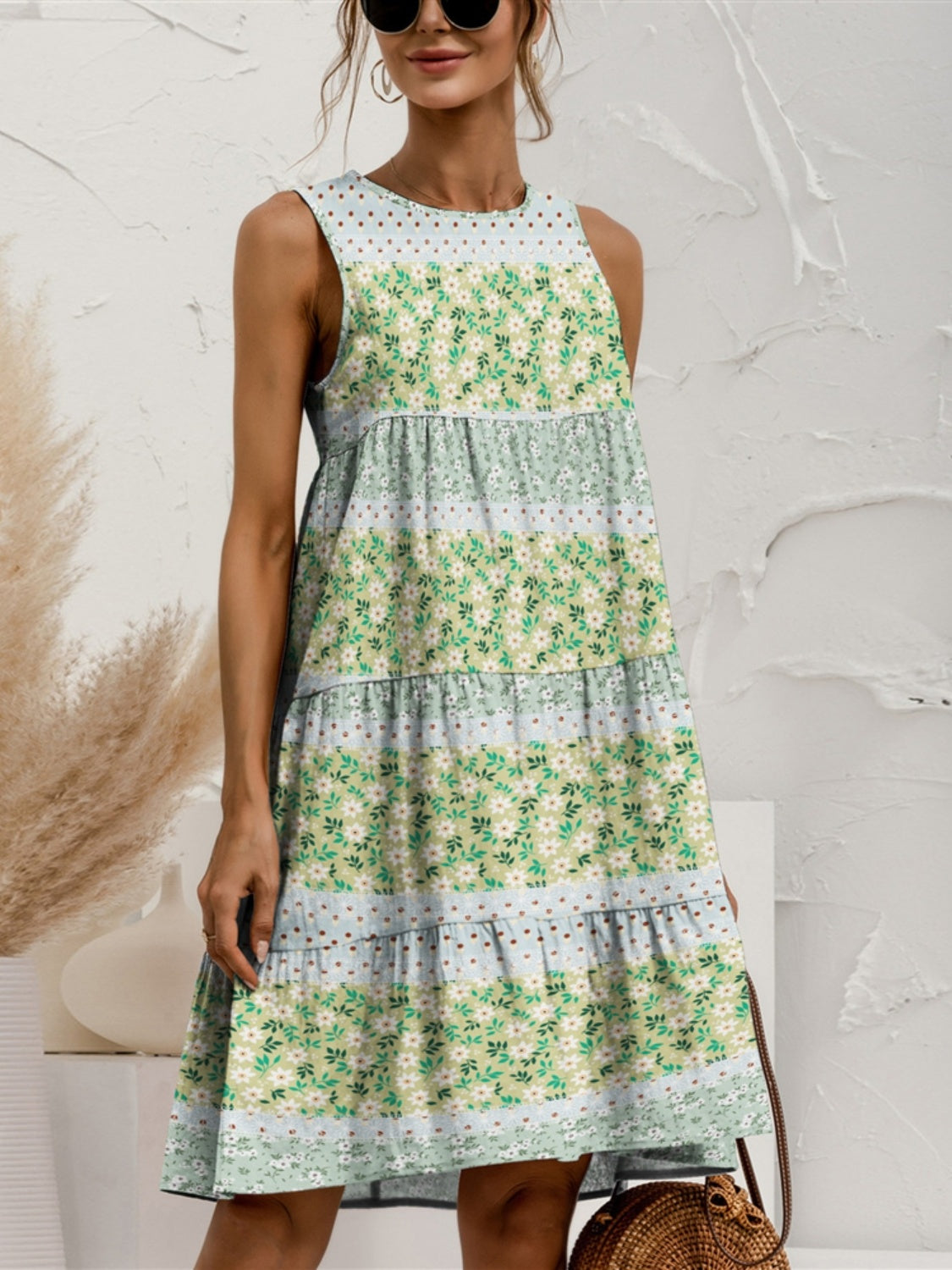 FAM-FAM Tiered Printed Round Neck Sleeveless Dress 