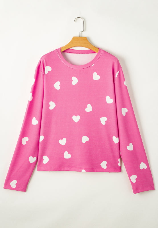 Heart Round Neck Long Sleeve Top and Elastic Waist Shorts Set 