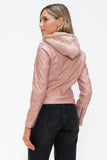 Snobbish Faux Leather Zip Up Drawstring Hooded Jacket 