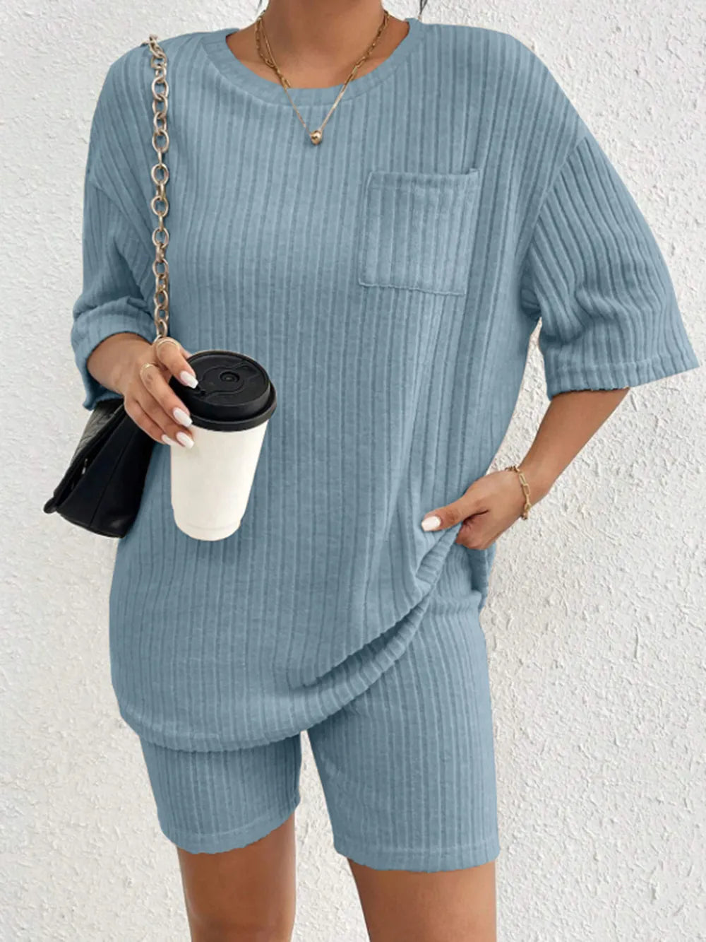 Ribbed Round Neck Top and Shorts Set Two Piece Dresses