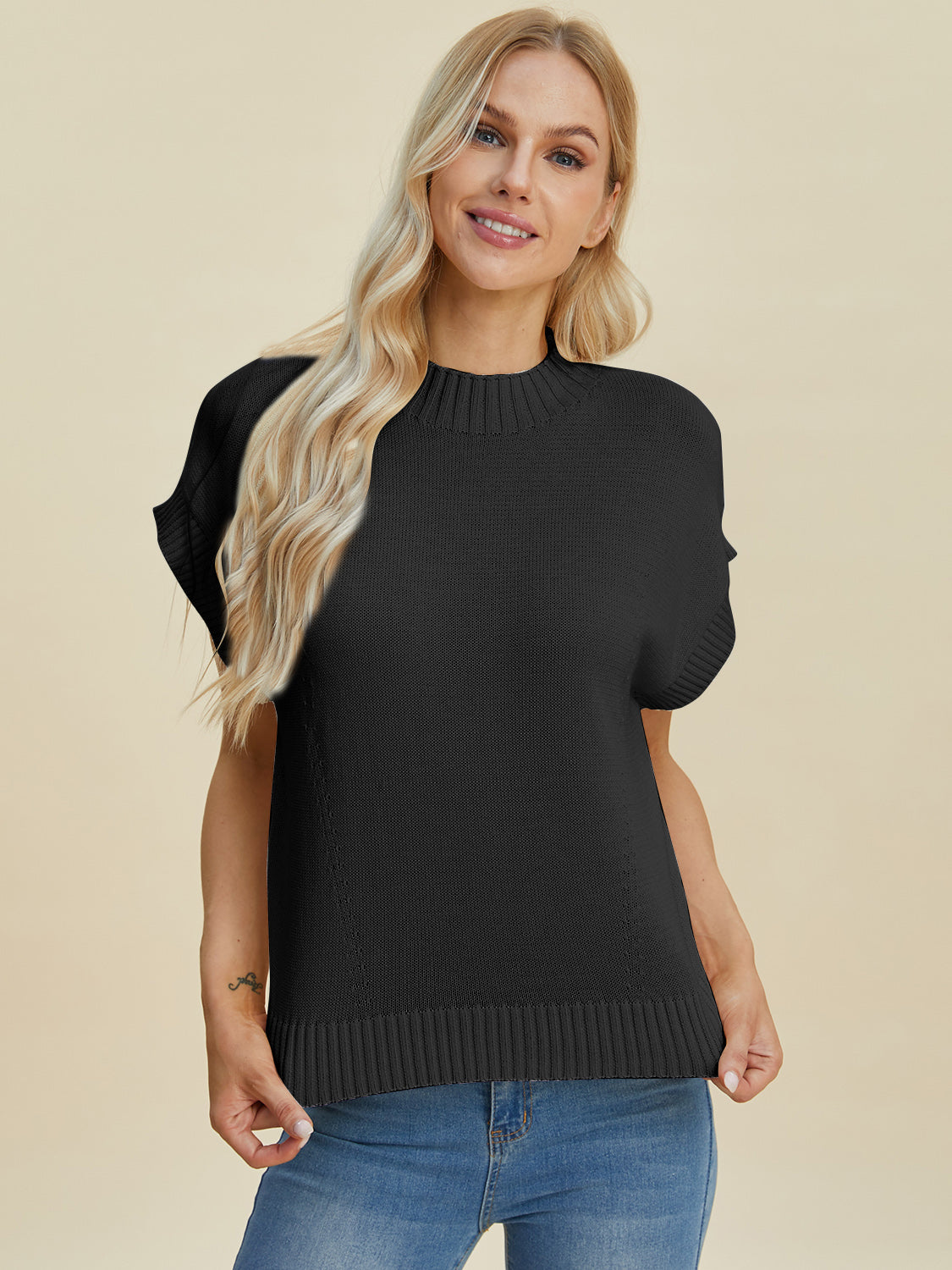 Double Take Full Size Mock Neck Short Sleeve Sweater 