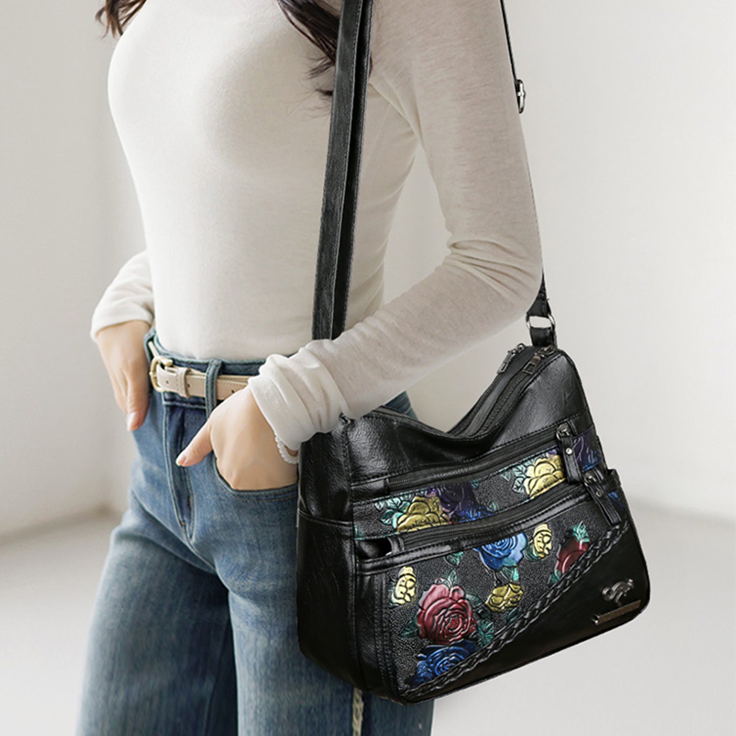 PU Leather Rose Pattern Shoulder Bag 