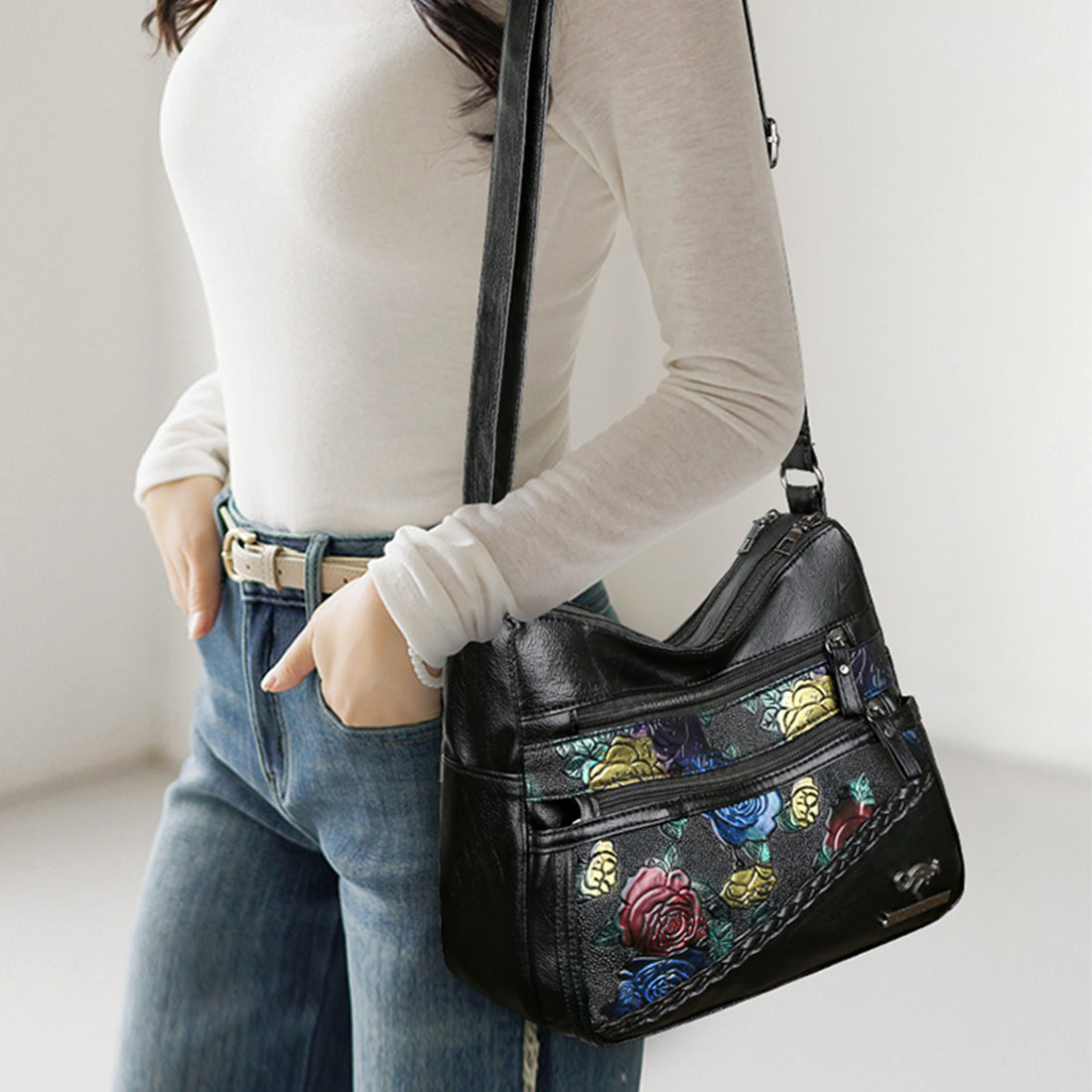 PU Leather Rose Pattern Shoulder Bag 