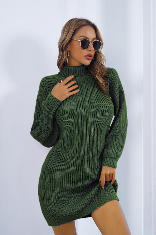 Buttoned Turtleneck Long Sleeve Sweater Dress Dresses
