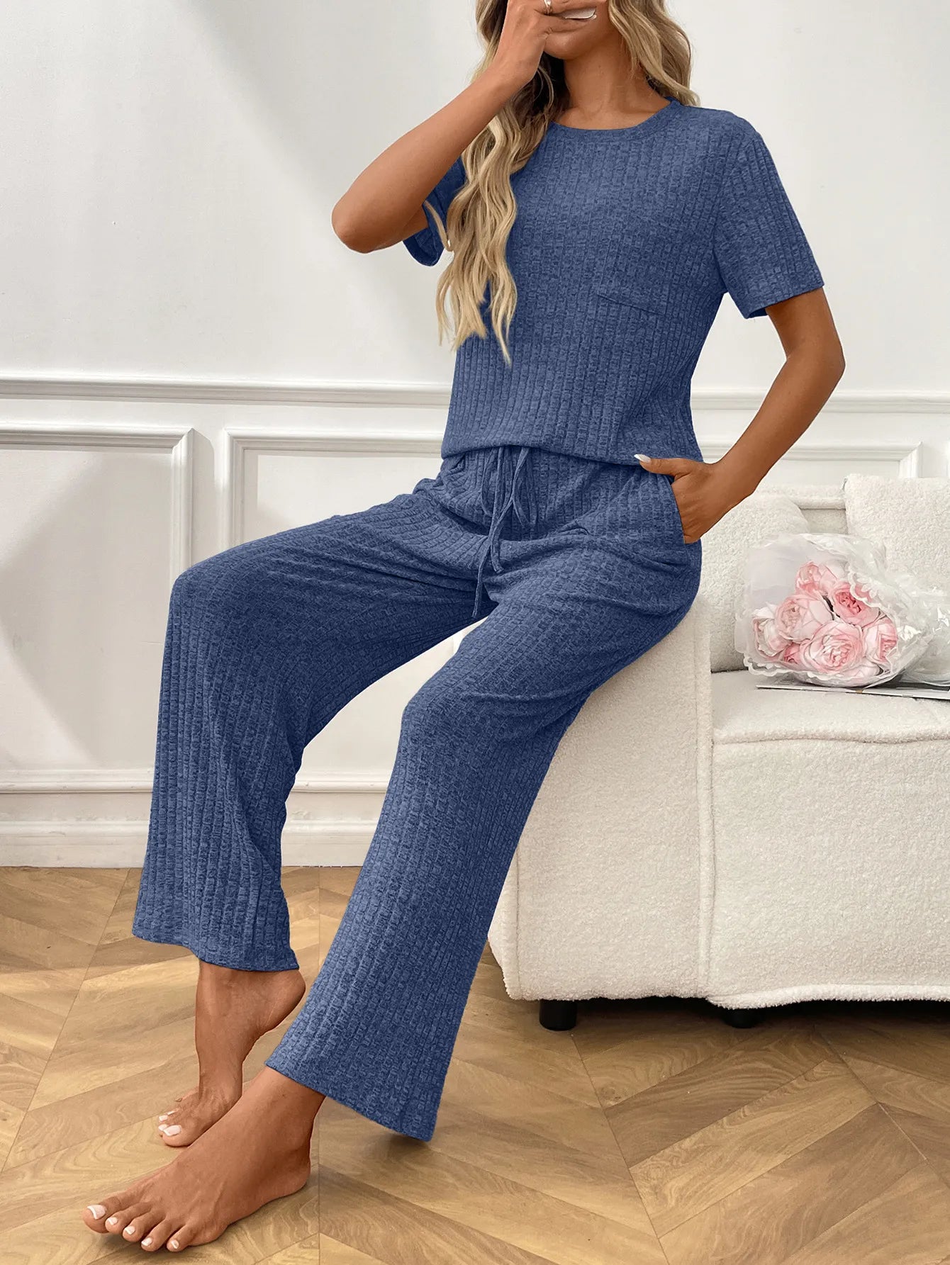 Ribbed Knit Short Sleeve Top and Pants Lounge Set Lingerie & Nightwear
