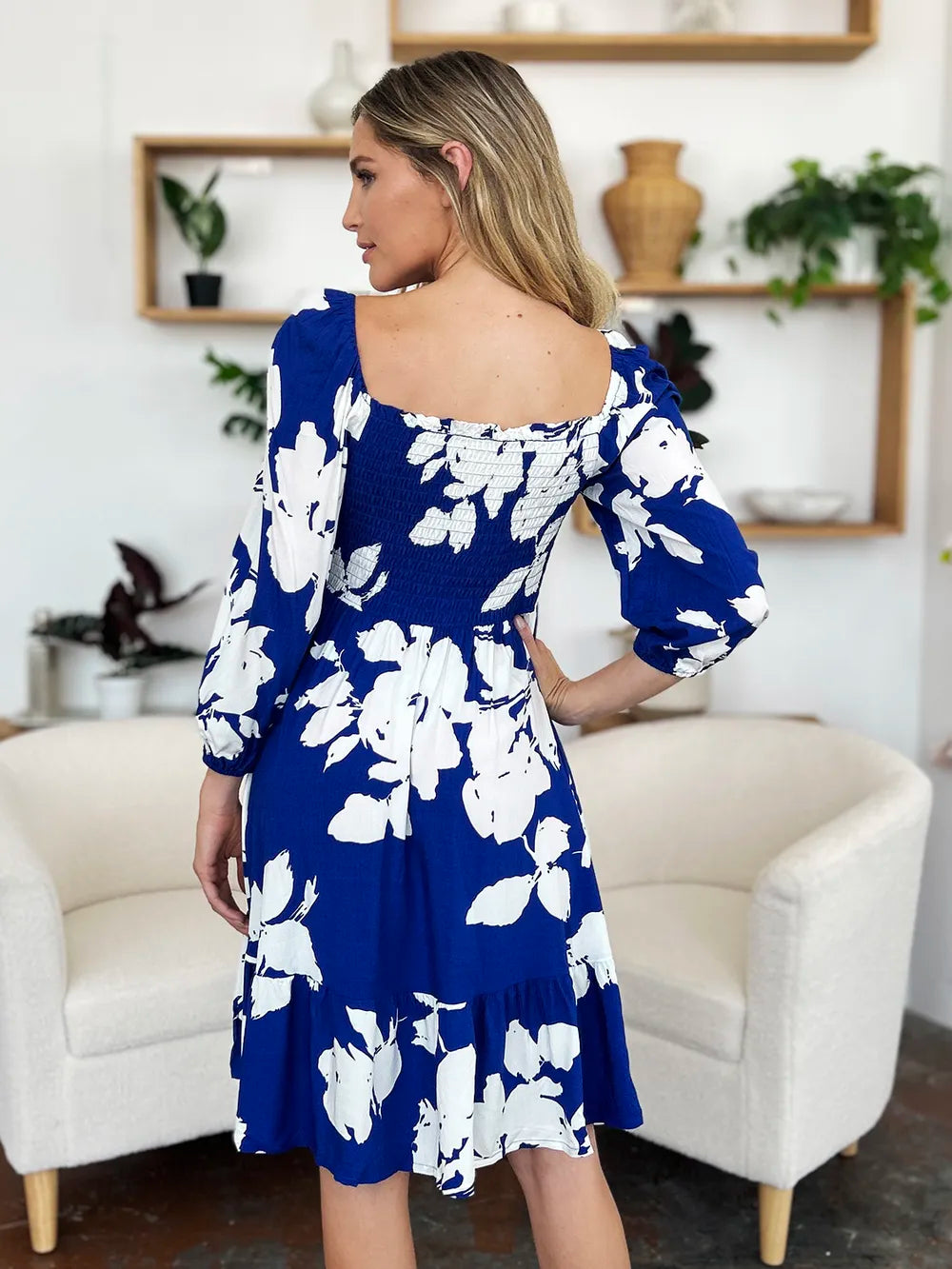 Double Take Full Size Floral Ruffle Hem Smocked Dress with Pockets 