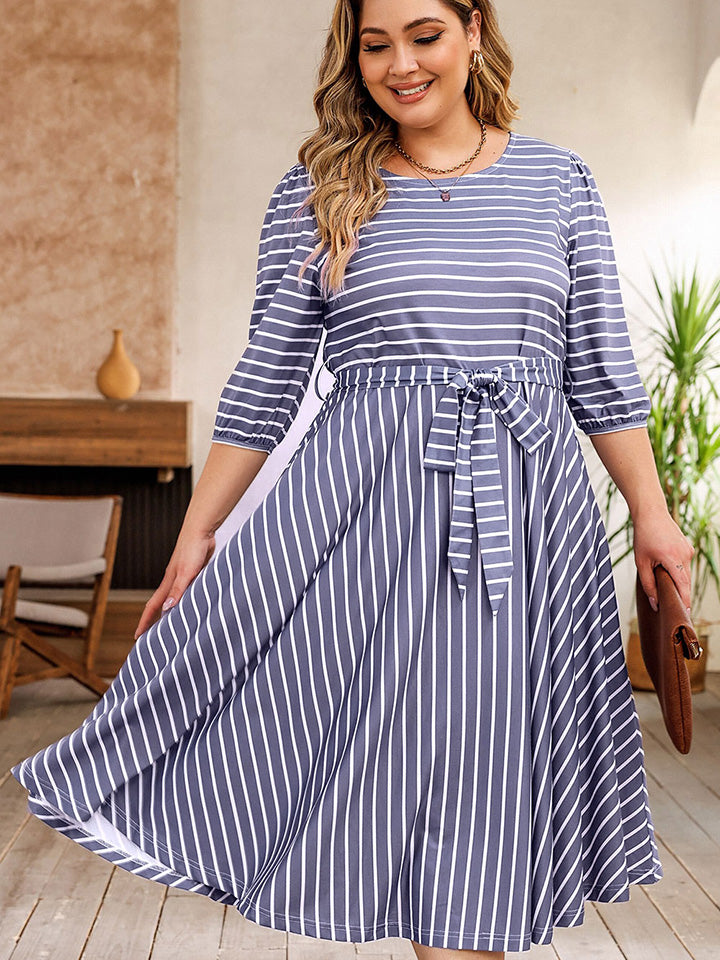 Plus Size Round Neck Striped Tie Waist Dress 