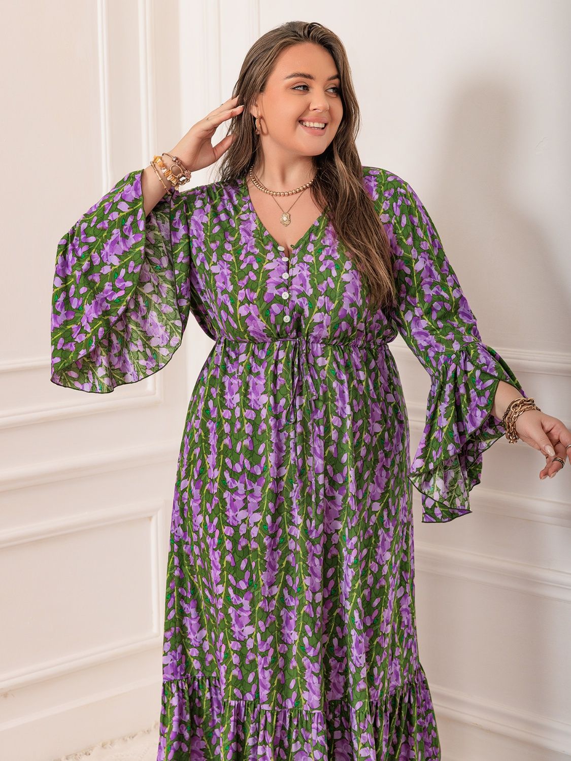Plus Size Printed V-Neck Long Sleeve Maxi Dress 