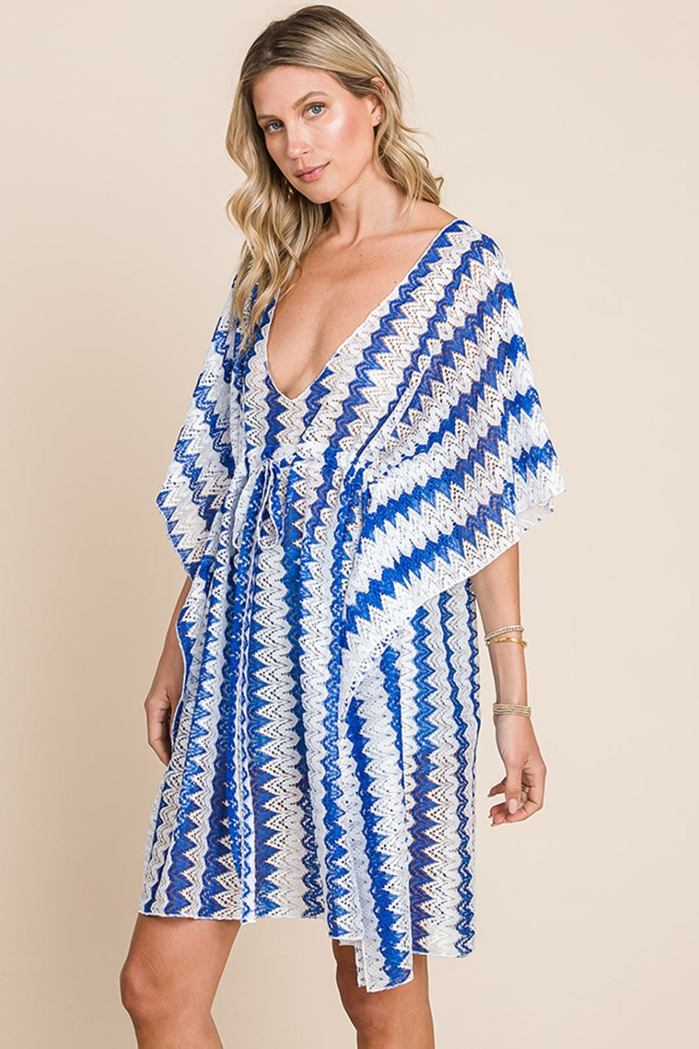 Cotton Bleu by Nu Lab Tied Striped Plunge Half Sleeve Cover-Up 