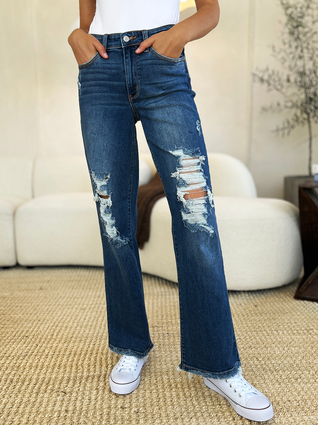 Judy Blue Full Size Mid Rise Distressed Raw Hem Jeans 