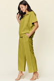 Double Take Full Size Texture Half Zip Short Sleeve Top and Pants Set 