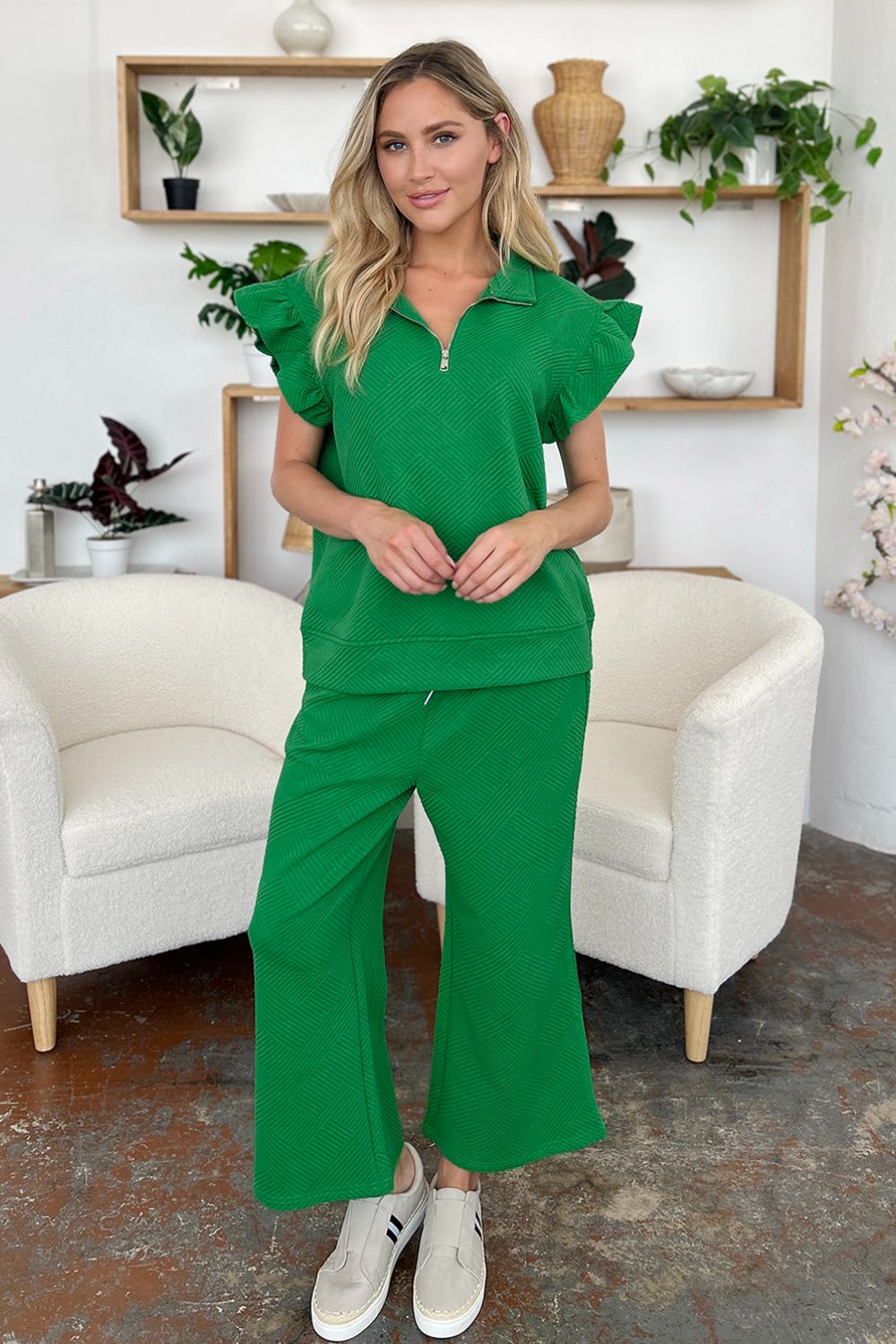 Double Take Texture Ruffle Short Sleeve Top and Drawstring Wide Leg Pants Set 