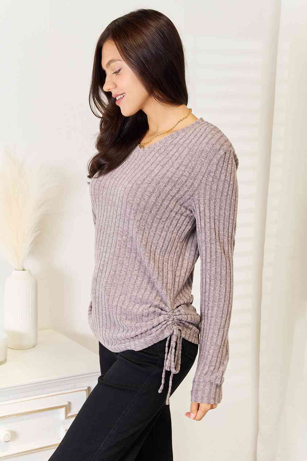 Double Take Drawstring Ribbed Long Sleeve T-Shirt 