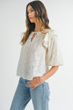 MABLE Eyelet Lace Ruffle Shoulder Puff Sleeve Blouse 
