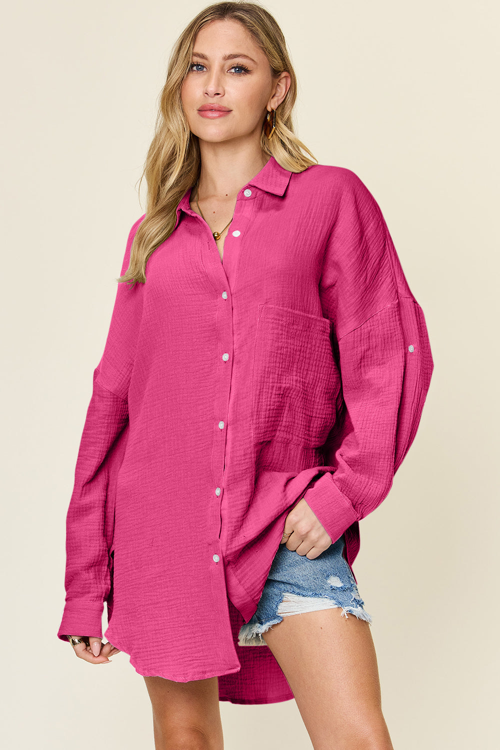 Double Take Full Size Pocketed Texture Button Up Shirt 