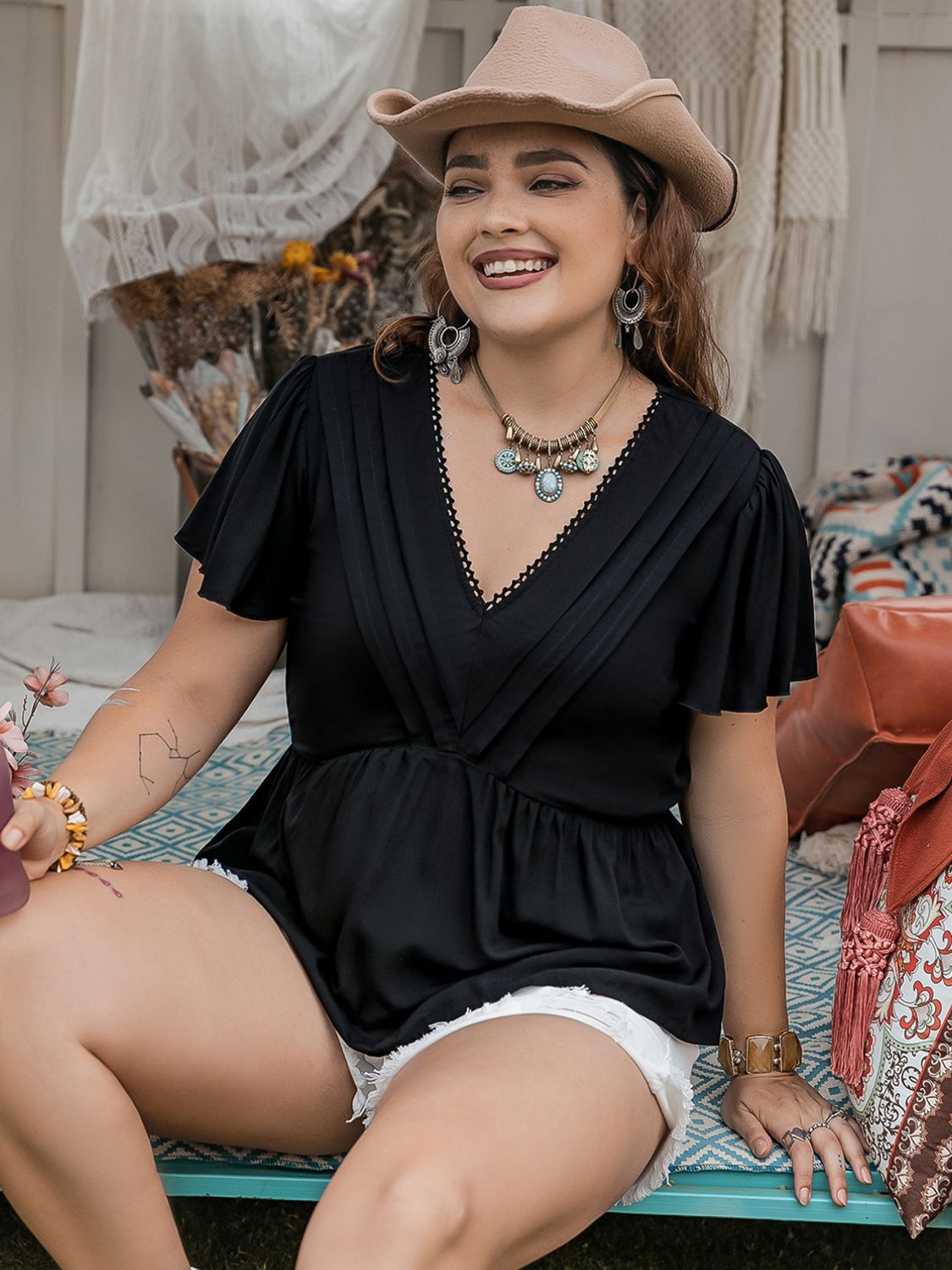 Plus Size V-Neck Flutter Sleeve Blouse 