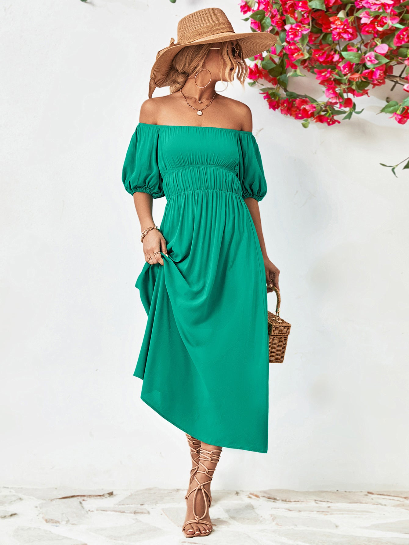 Off-Shoulder Balloon Sleeve Midi Dress 