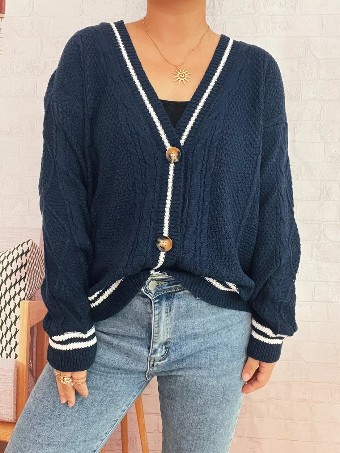 Star Pattern Button-Up Cardigan with Contrast Trim 