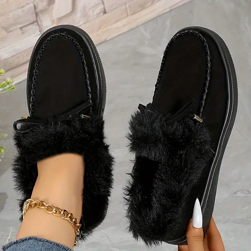 Bow Furry Round Toe Flat Slip-Ons 
