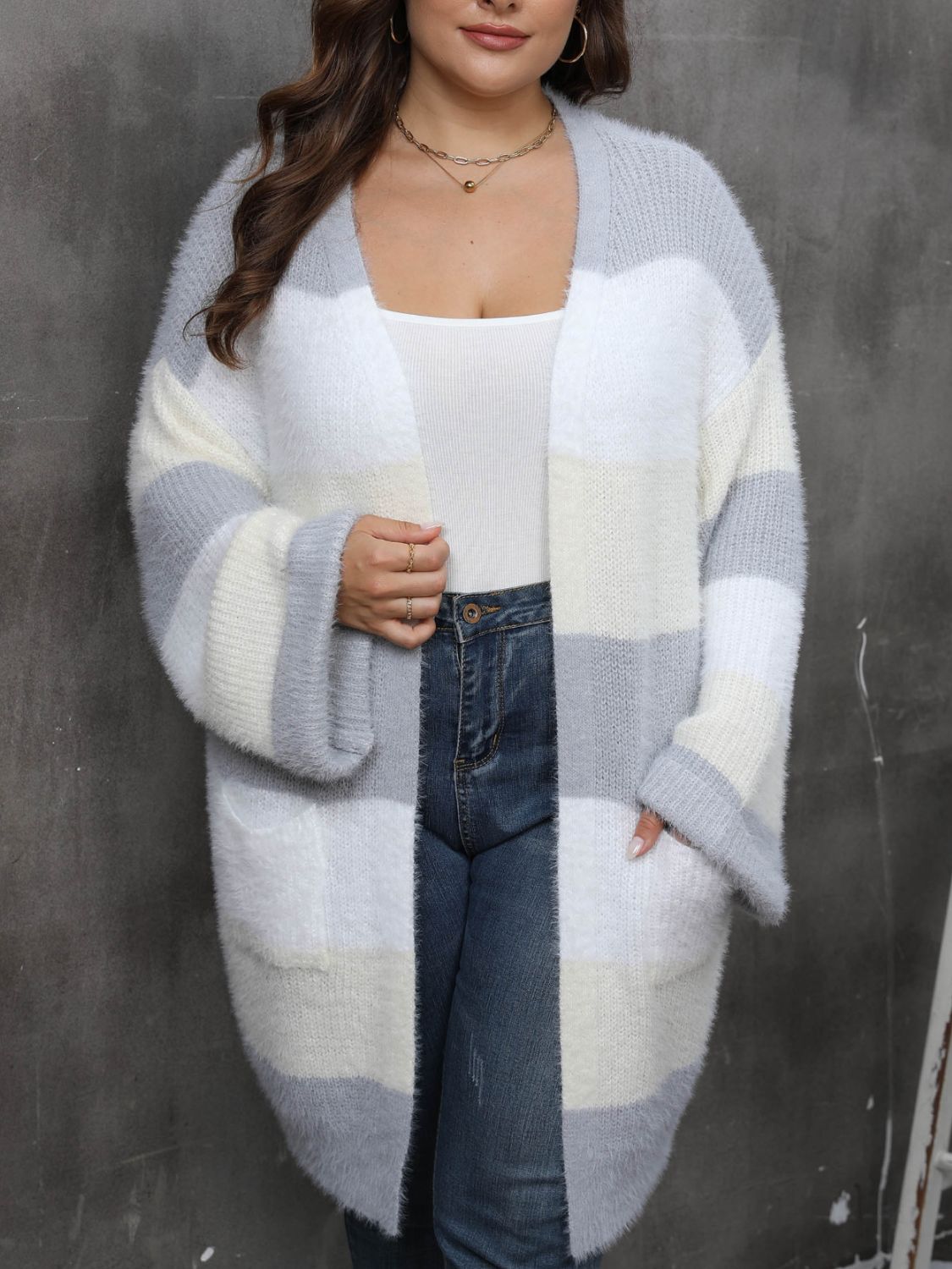 Plus Size Open Front Long Sleeve Cardigan 